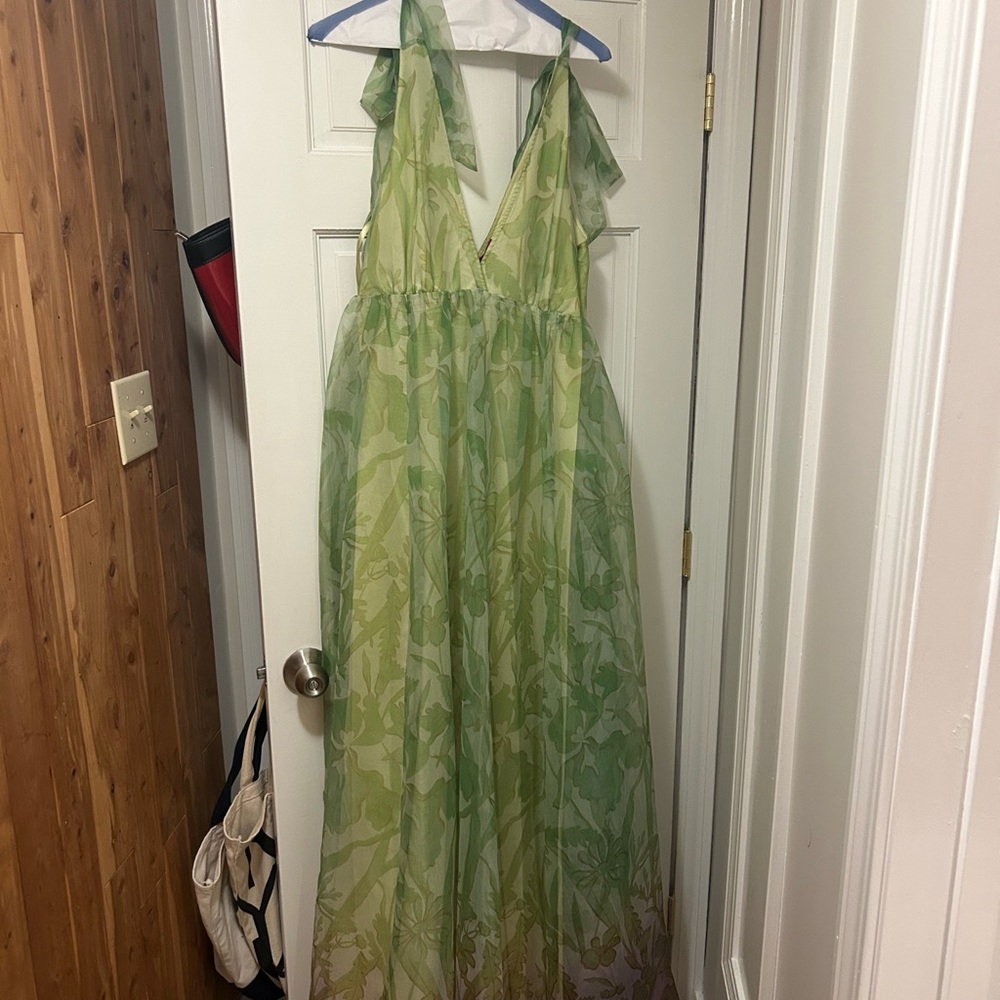 STAUD Dandelion Green Pink Chiffon Gown Wedding Guest Dress Occasion Wear